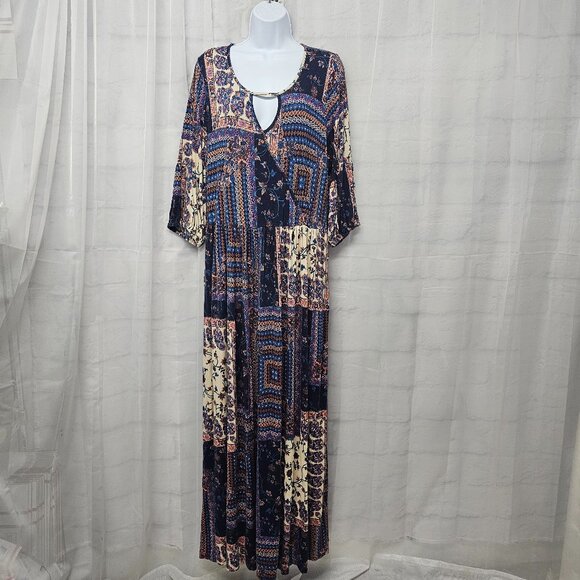 One World Dress Blue Peasant Hippie Patchwork Maxi Floral Boho 1X - Picture 1 of 10
